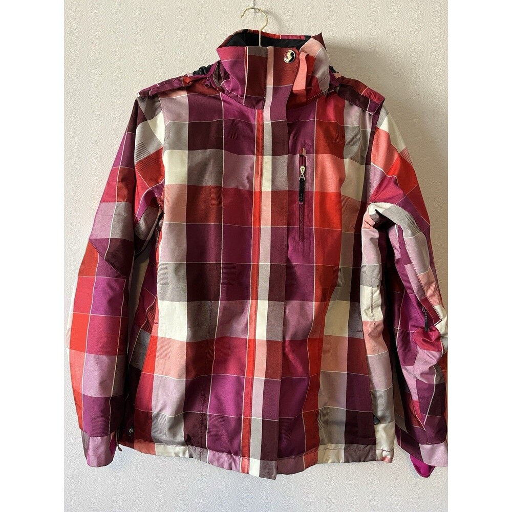 Sunice Women’s Size 12 Plaid Ski Snowboard Jacket Pink Red Faux Fur Hood